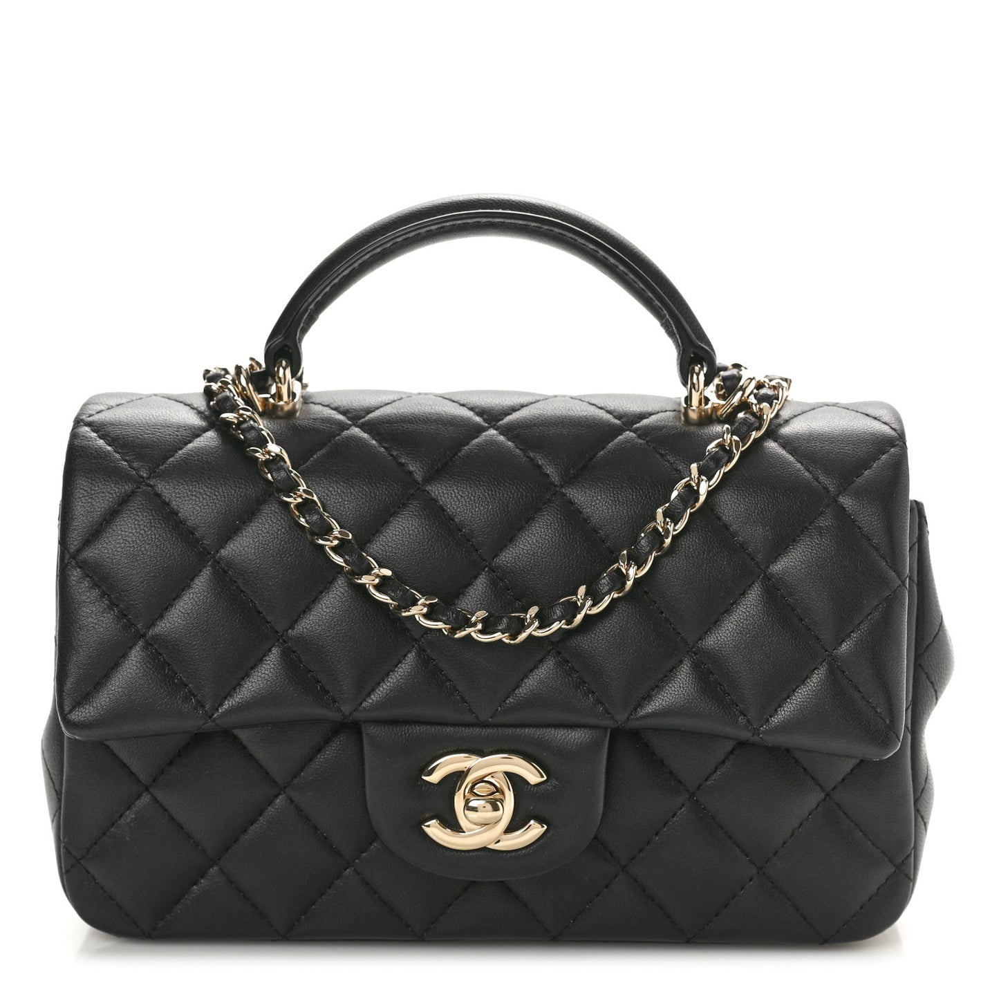 Lambskin Quilted Mini Top Handle Rectangular Flap Black