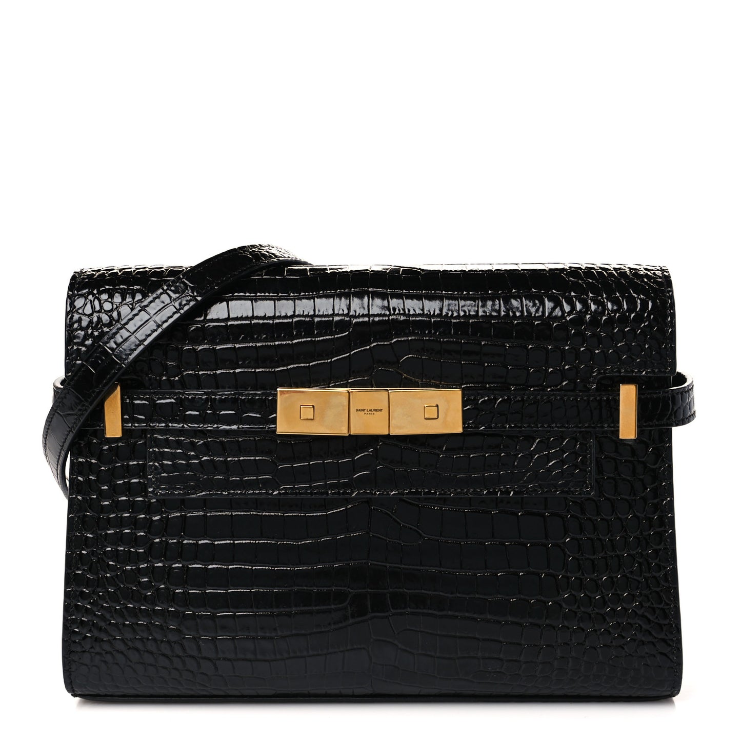 Shiny Calfskin Crocodile Embossed Small Manhattan Baguette Black