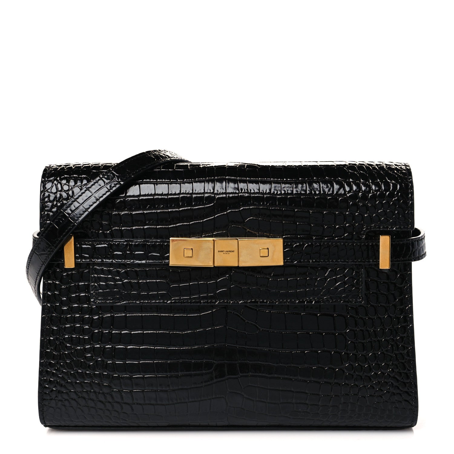 Saint Laurent Shiny Calfskin Crocodile Embossed Small Manhattan Baguette Black 1 of 9
