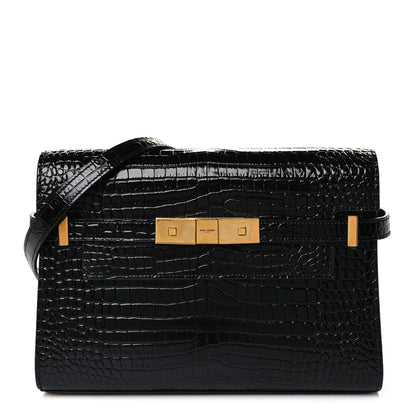 Saint Laurent Shiny Calfskin Crocodile Embossed Small Manhattan Baguette Black 1 of 9