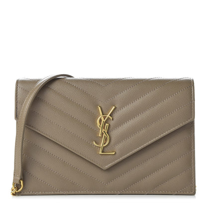 Saint Laurent Grain De Poudre Matelasse Chevron Monogram Envelope Chain Wallet Taupe 1 of 9
