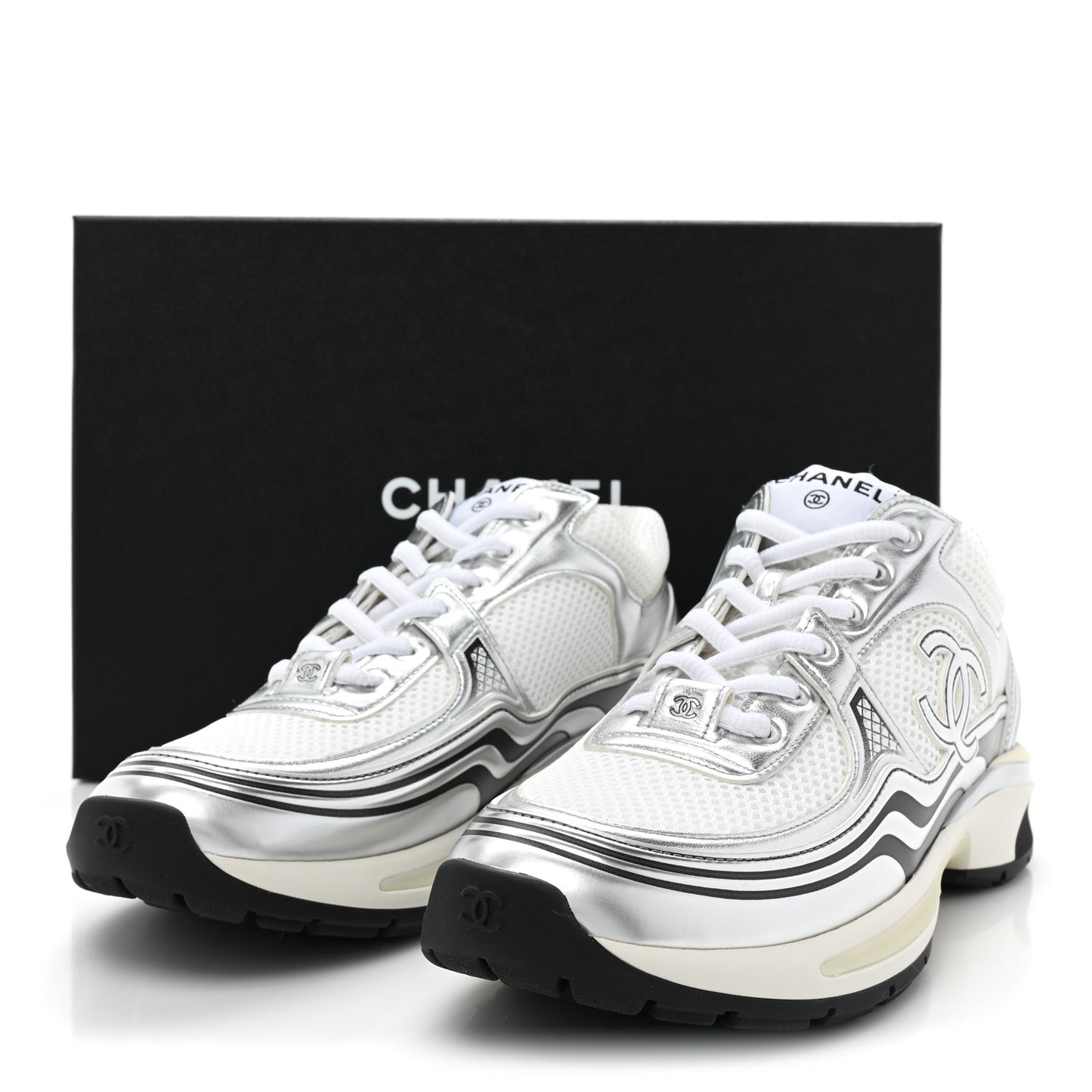 Fabric Laminated Calfskin Stretch CC Womens Sneakers 38.5 White Silver