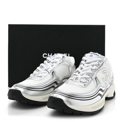Chanel Fabric Laminated Calfskin Stretch CC Womens Sneakers 38.5 White Silver 10 of 10