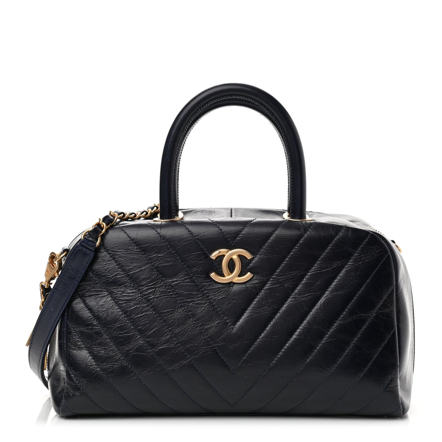 Glazed Calfskin Chevron Small Bowling Bag Navy