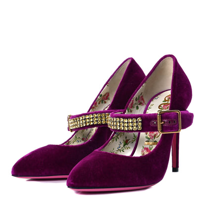 Gucci Velvet Crystal Embellished Sylvie High Heel Pumps 37.5 Fucsia Violet Cyclamen 2 of 10
