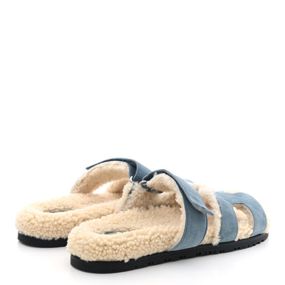 Hermes Suede Goatskin Woolskin Womens Chypre Sandals 40.5 Bleu Pinede Ecru 4 of 8