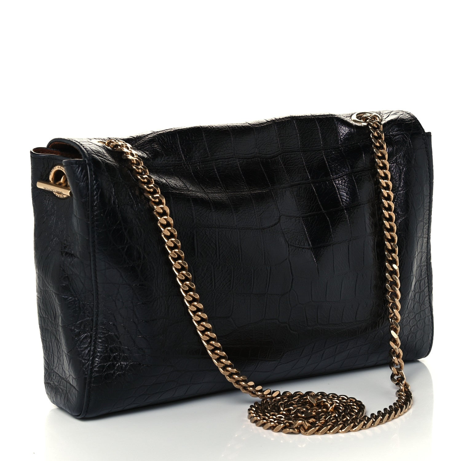Saint Laurent Calfskin Crocodile Embossed Suede Medium Reversible Monogram Kate Satchel Military Taupe 4 of 17