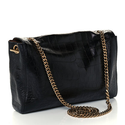 Saint Laurent Calfskin Crocodile Embossed Suede Medium Reversible Monogram Kate Satchel Military Taupe 4 of 17