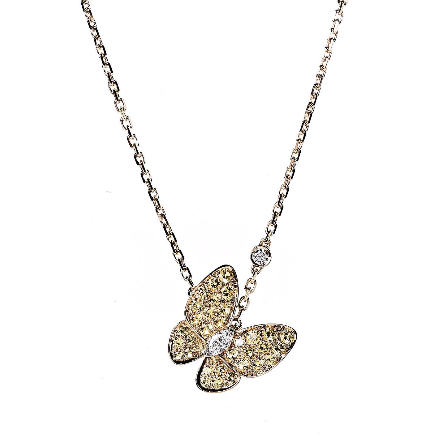 18K Yellow Gold Diamond Yellow Sapphire Two Butterfly Pendant Necklace
