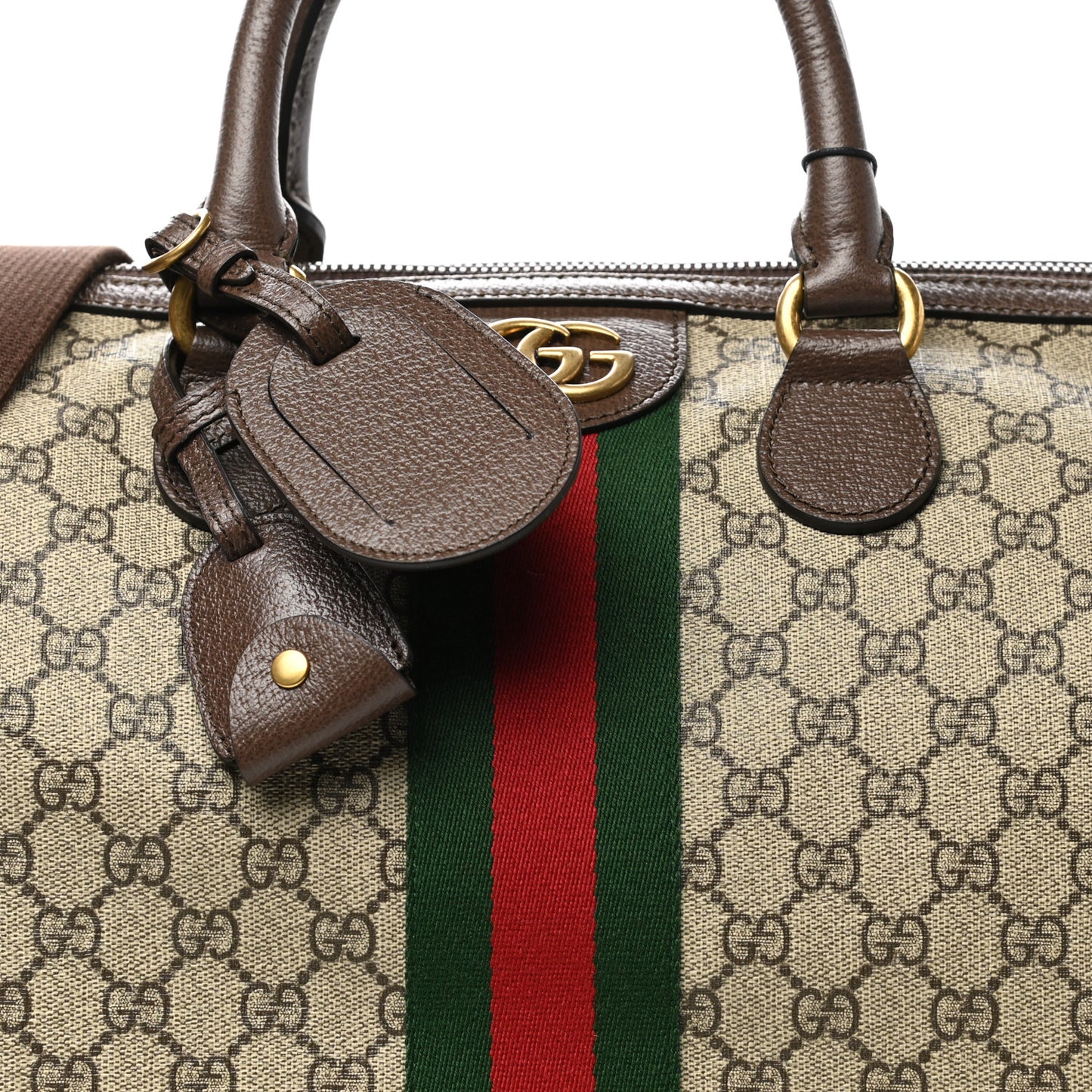 GG Supreme Monogram Textured Dollar Calfskin Web Medium Ophidia Carry-On Duffle Bag Beige Ebony New Acero