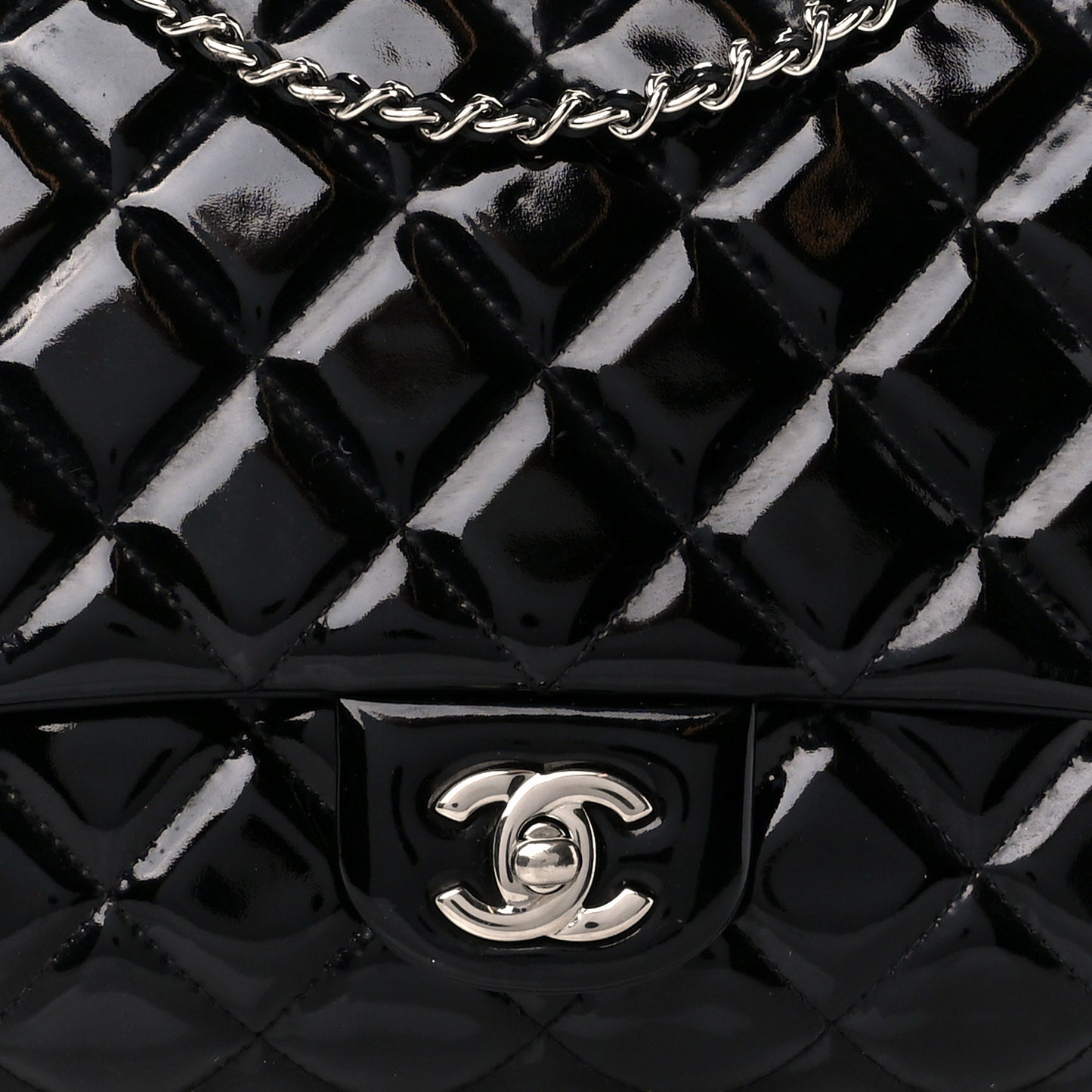 Patent Quilted Clutch with Chain Flap Black