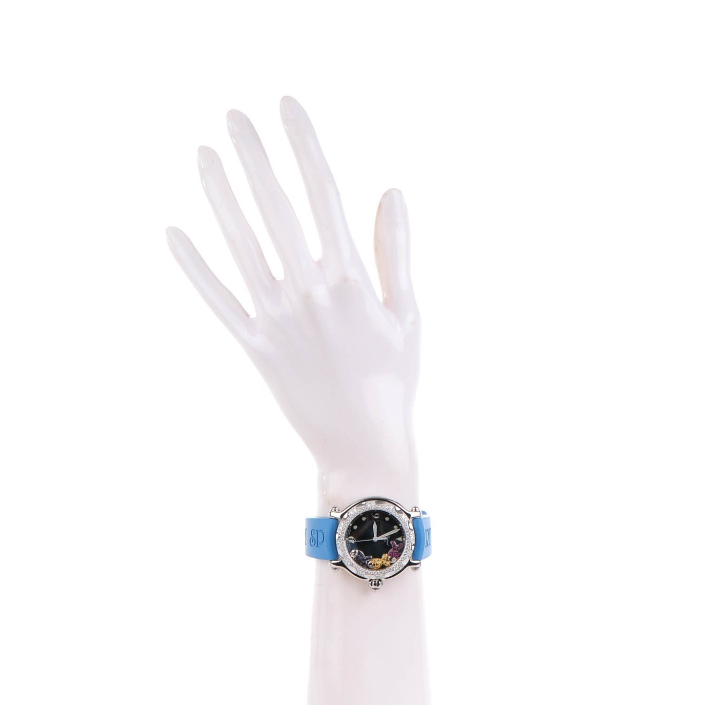 Stainless Steel Rubber Diamond Bezel Ruby Yellow Blue Sapphire 39mm Happy Sport Fish Quartz Watch Blue