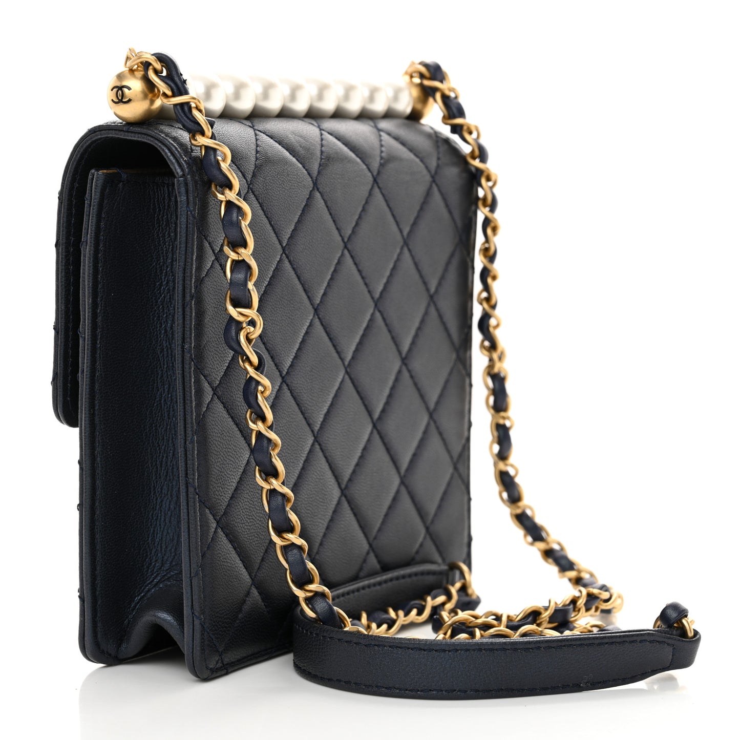 Iridescent Lambskin Quilted Chic Pearls Flap Navy Blue