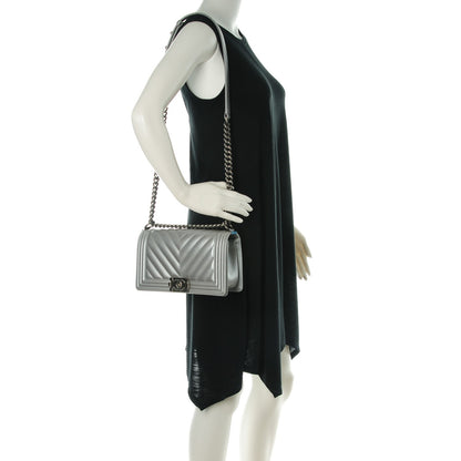 Chanel Metallic Caviar Chevron Medium Boy Flap Silver 2 of 8