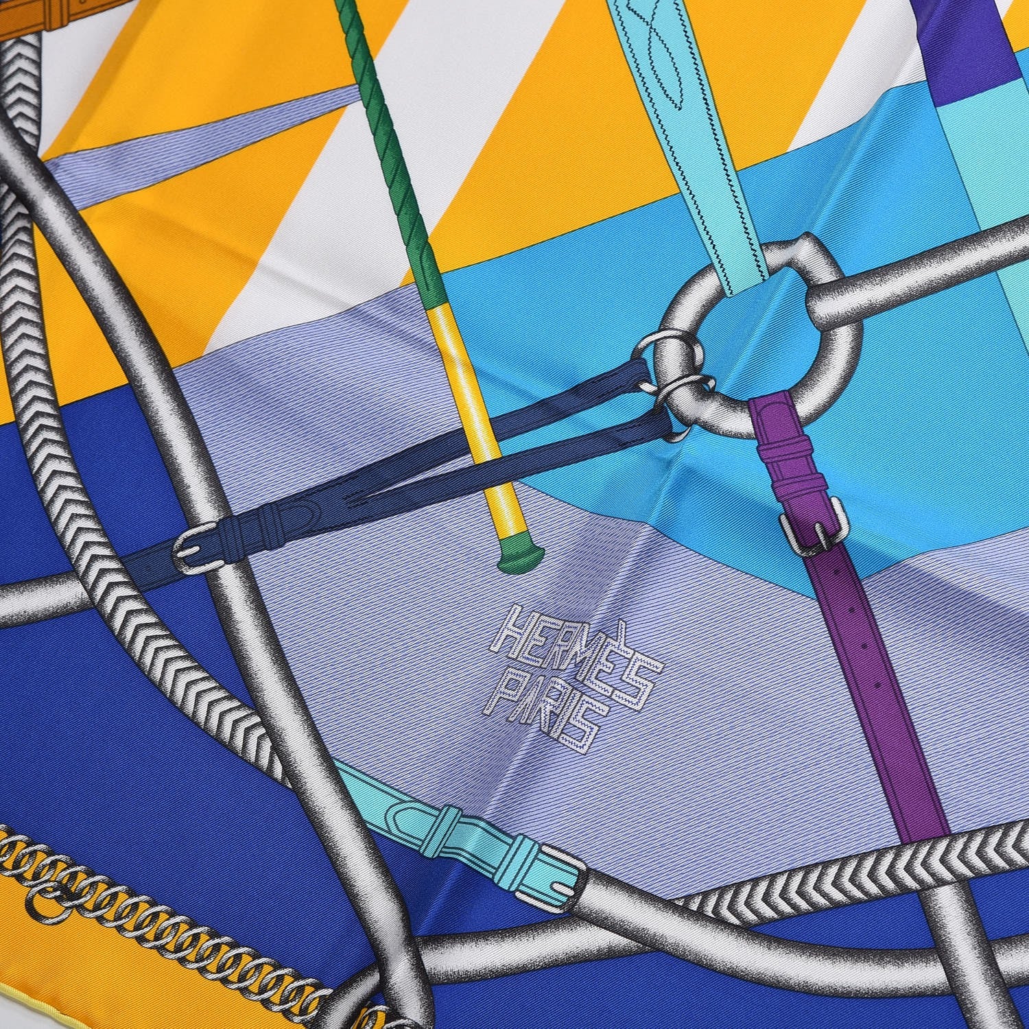 Hermes Silk Parcours Sans Faute Scarf 90 Bleu Jaune Turquoise 3 of 7