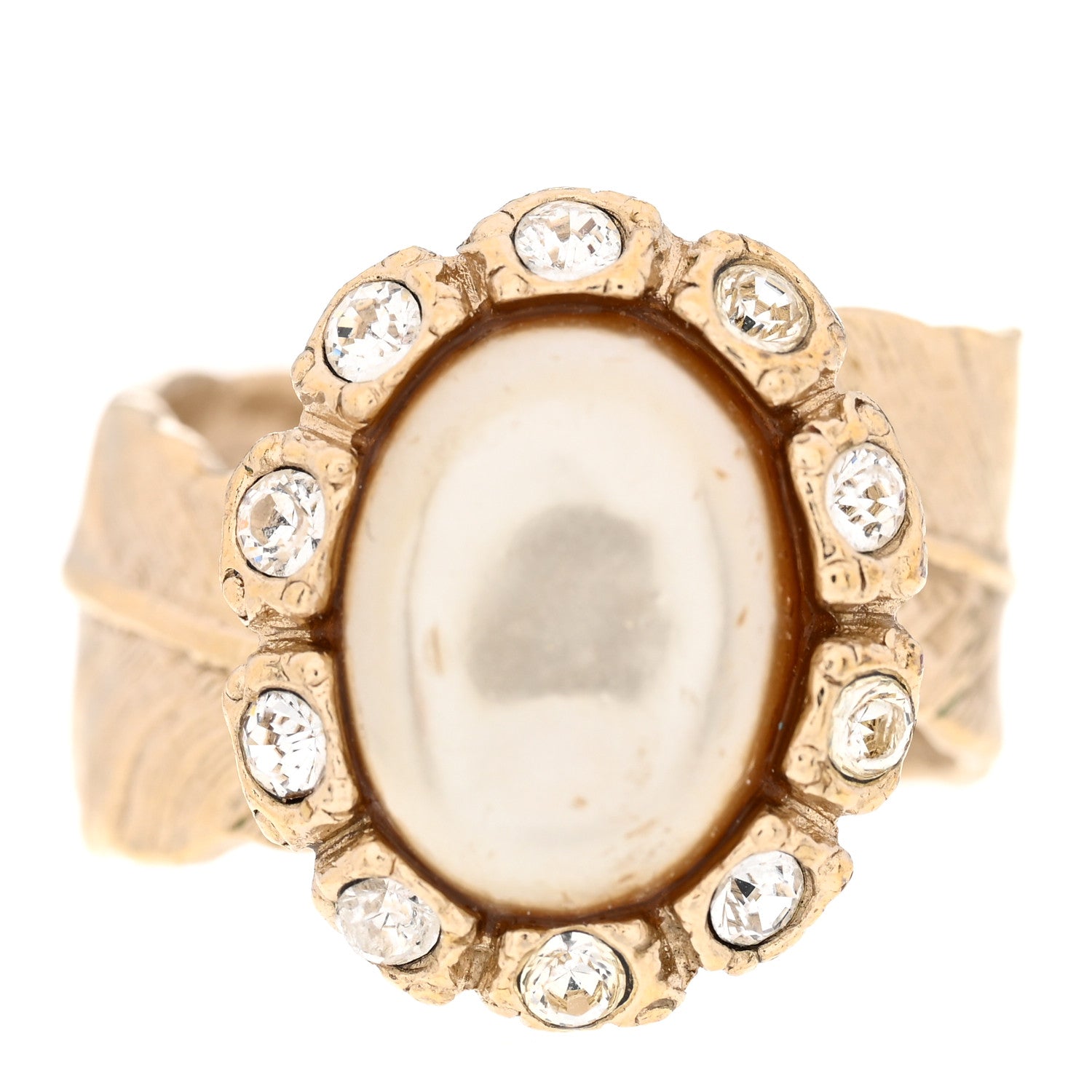 Chanel Pearl Crystal Leaf CC Ring 50 5.5 Gold Pearly White 1 of 4