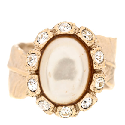 Chanel Pearl Crystal Leaf CC Ring 50 5.5 Gold Pearly White 1 of 4