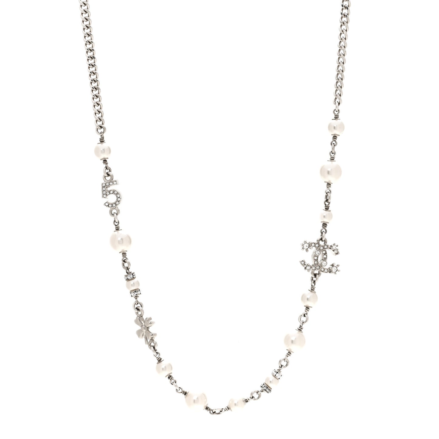 Crystal Pearl Star 5 CC Necklace Silver