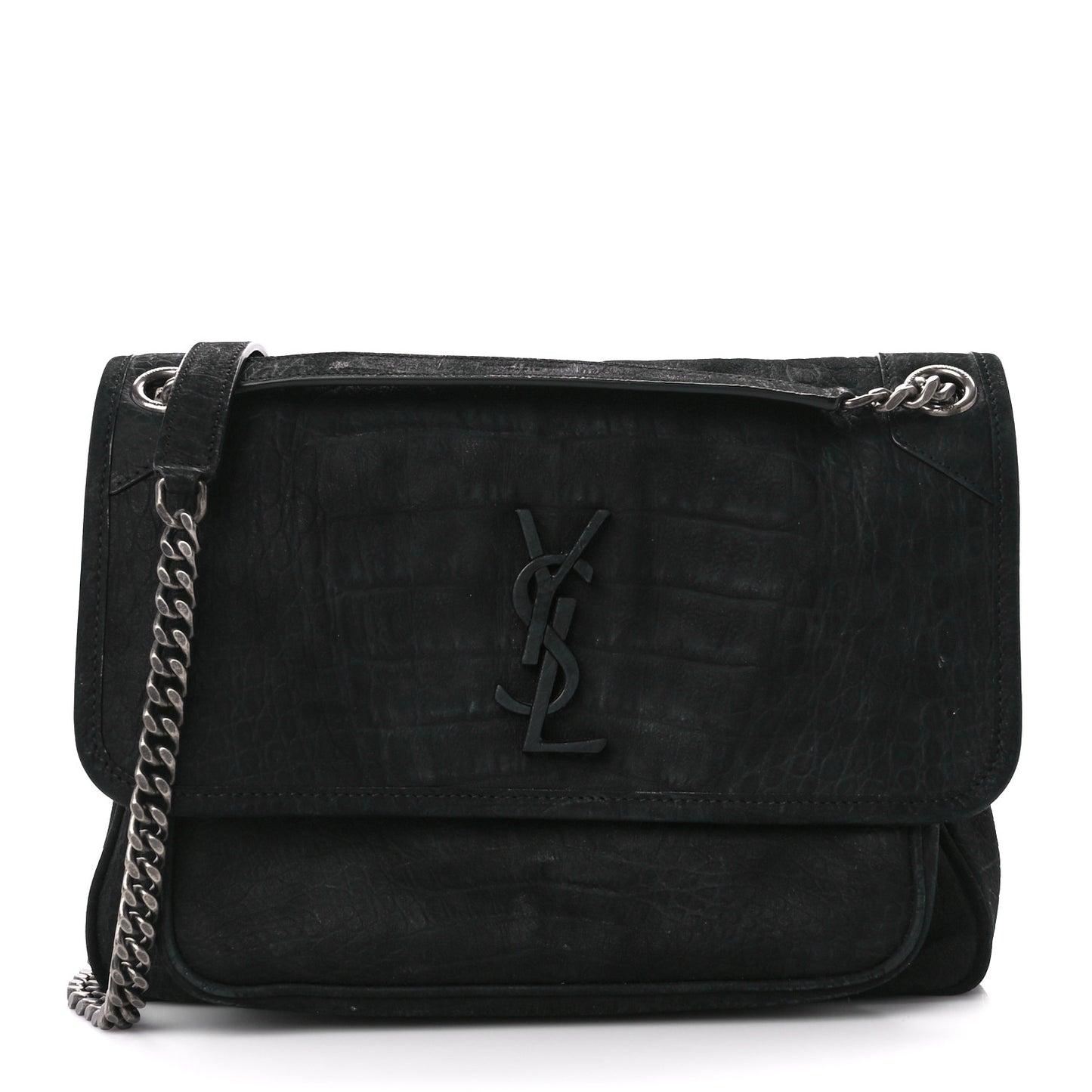 Nubuck Crocodile Embossed Monogram Medium Niki Chain Satchel Black