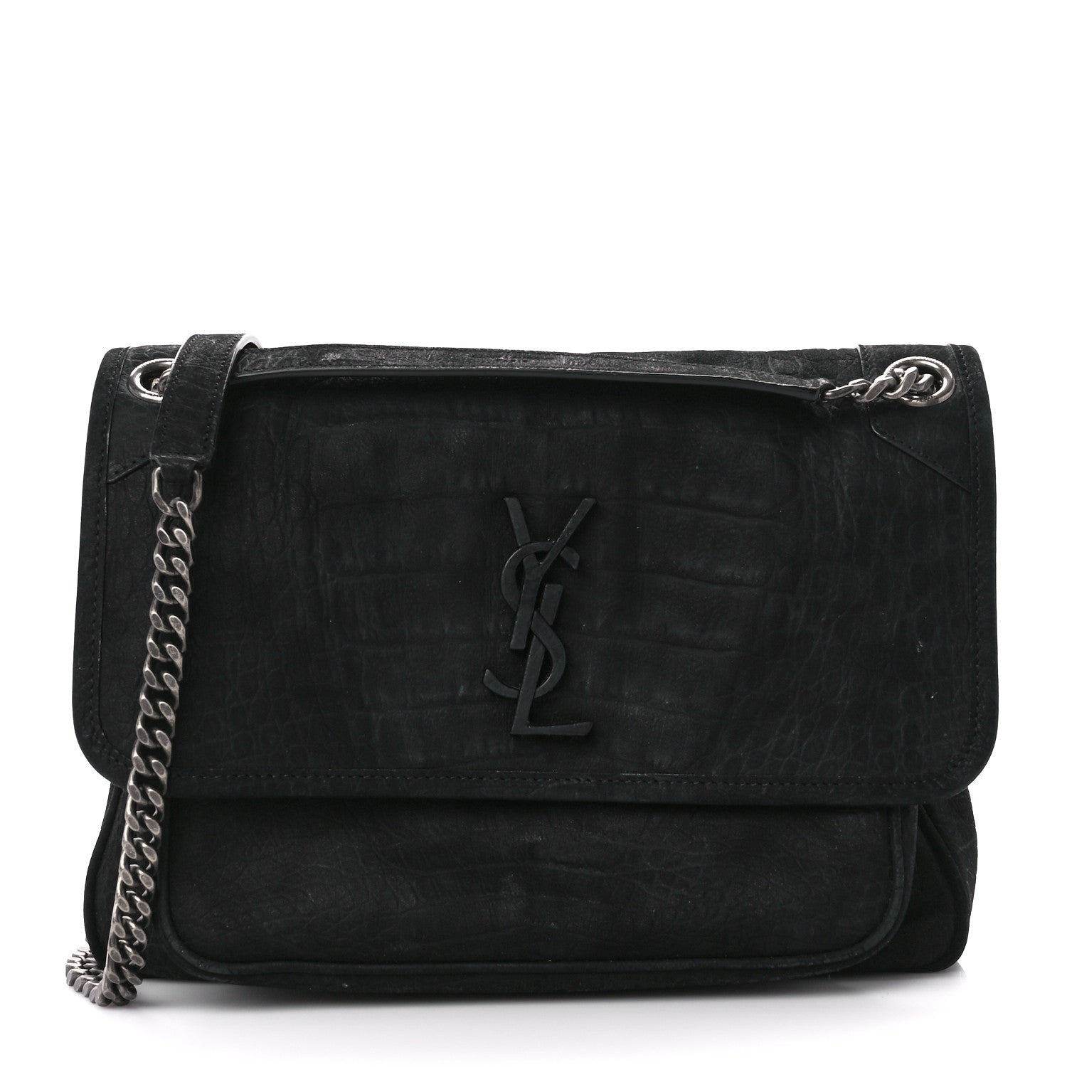 Saint Laurent Nubuck Crocodile Embossed Monogram Medium Niki Chain Satchel Black 1 of 13