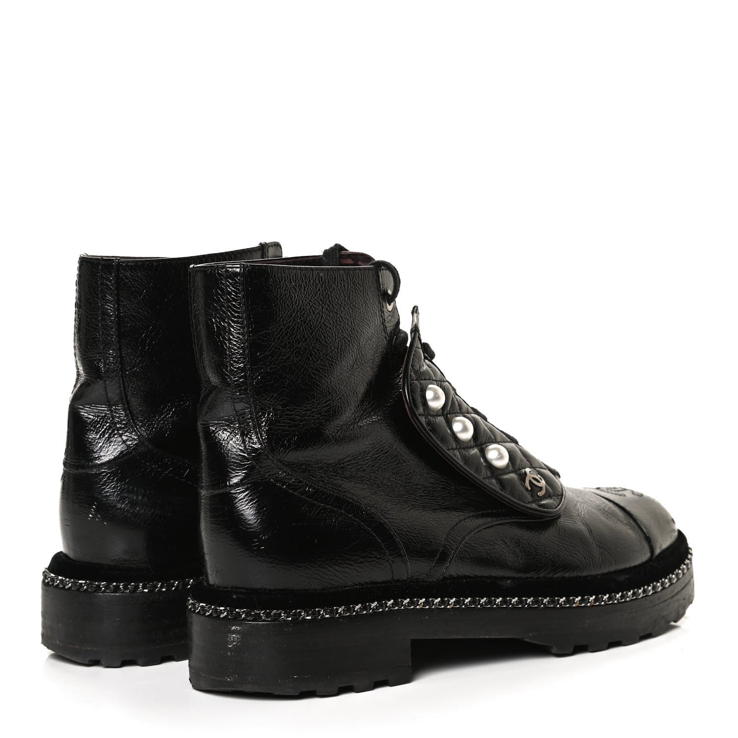 Chanel Crackled Calfskin Velvet Pearl Combat Short Boots 38.5 Black 4 of 8