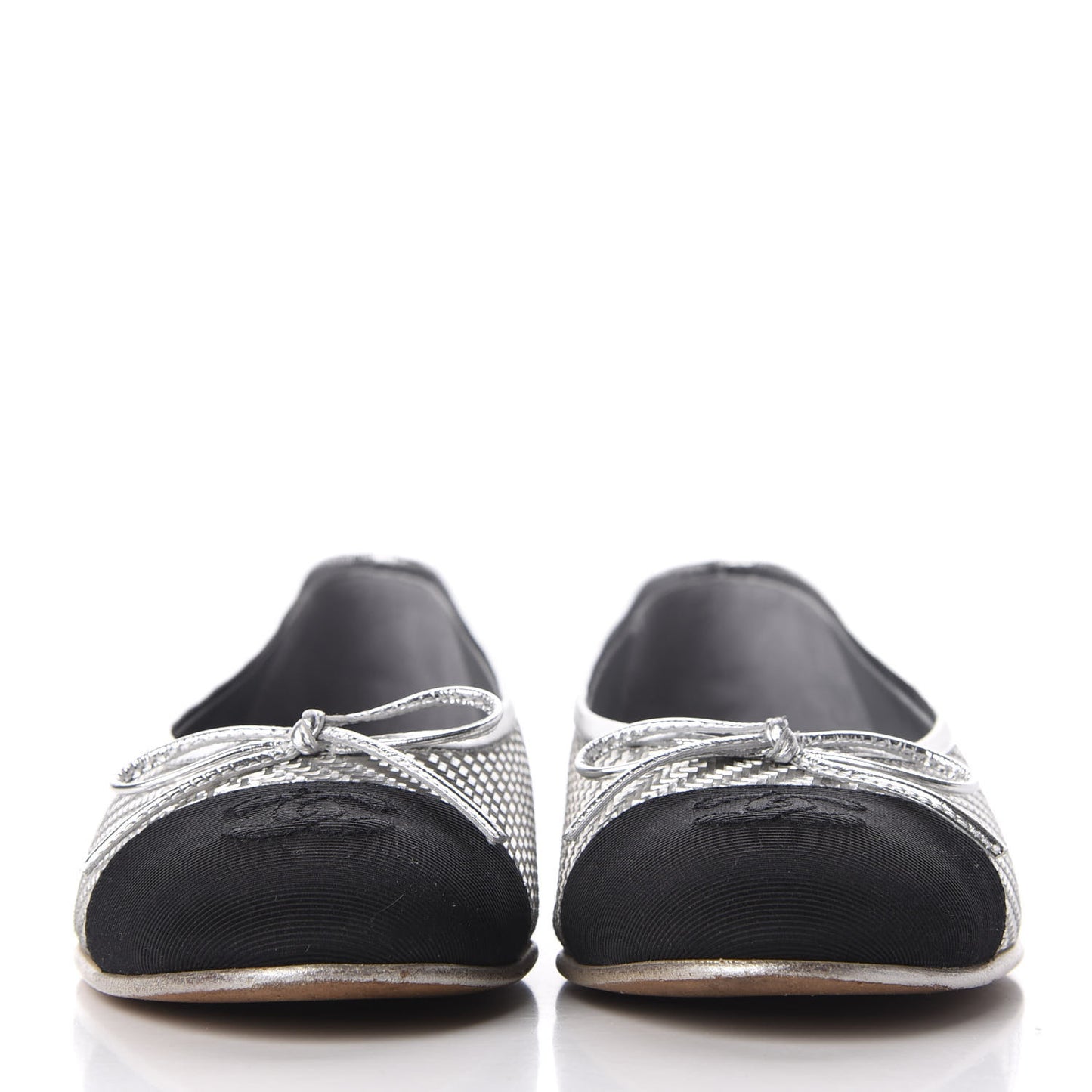 Metallic PVC Grosgrain Cap Toe Ballerina Flats 37.5 Silver Black