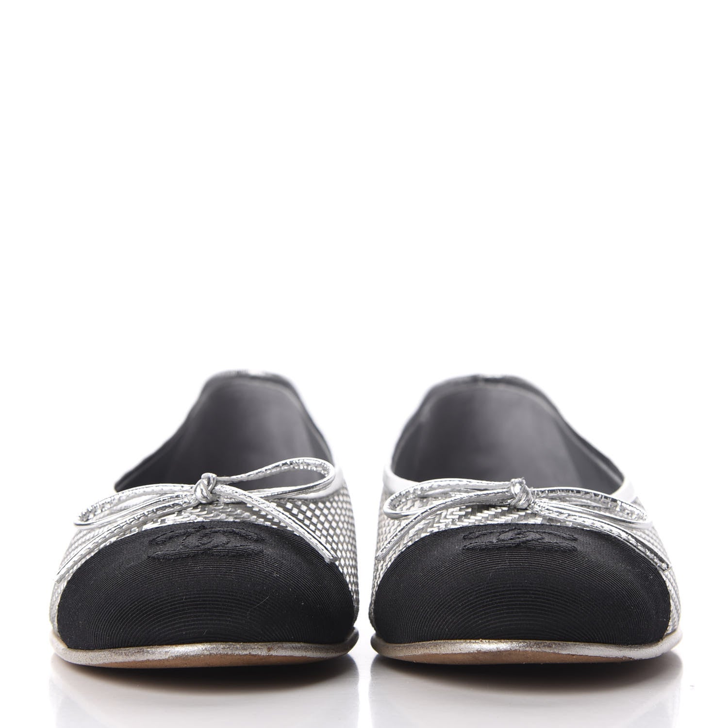 Chanel Metallic PVC Grosgrain Cap Toe Ballerina Flats 37.5 Silver Black 3 of 12
