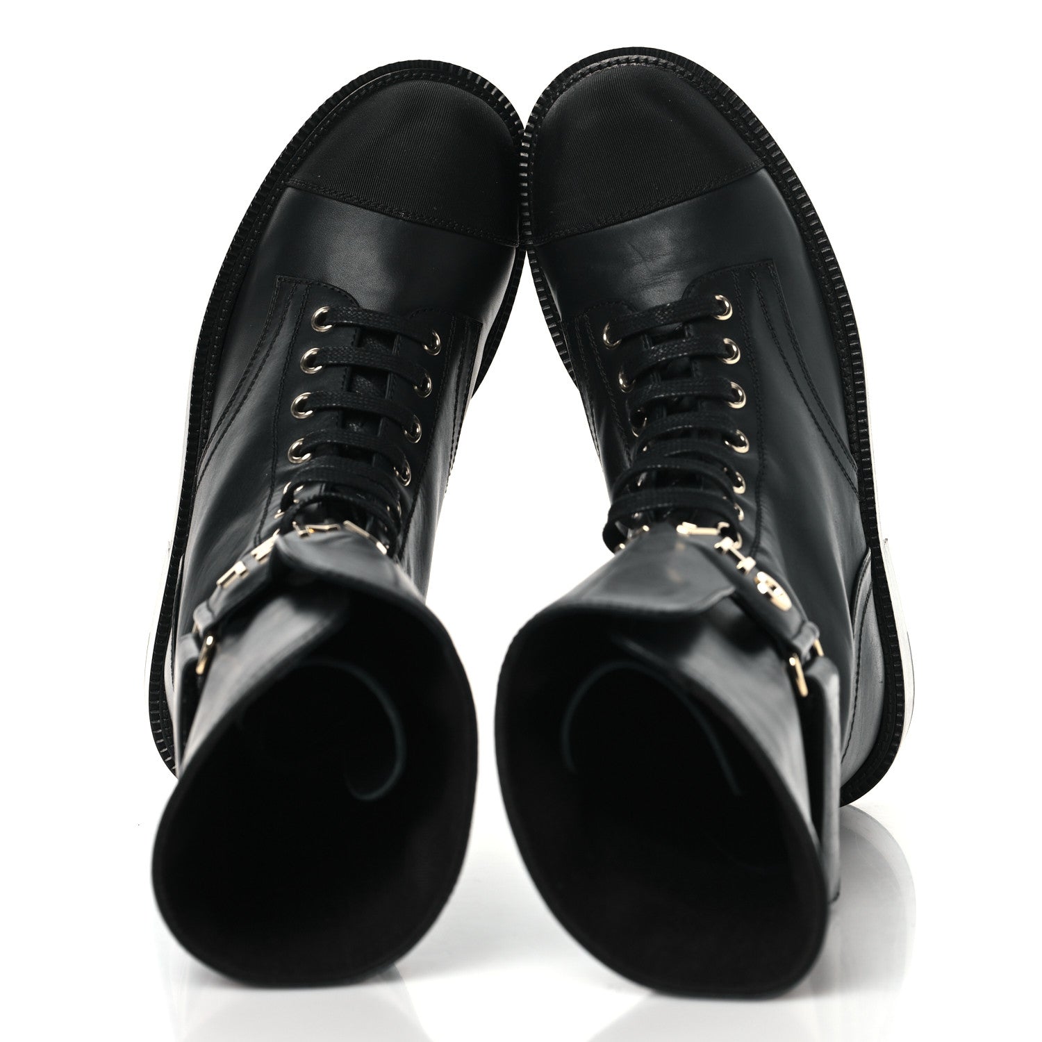 Chanel Shiny Calfskin Grosgrain Lace Up Combat Boots 36.5 Black 2 of 7