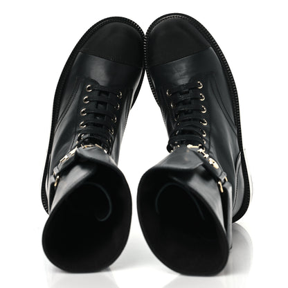 Chanel Shiny Calfskin Grosgrain Lace Up Combat Boots 36.5 Black 2 of 7