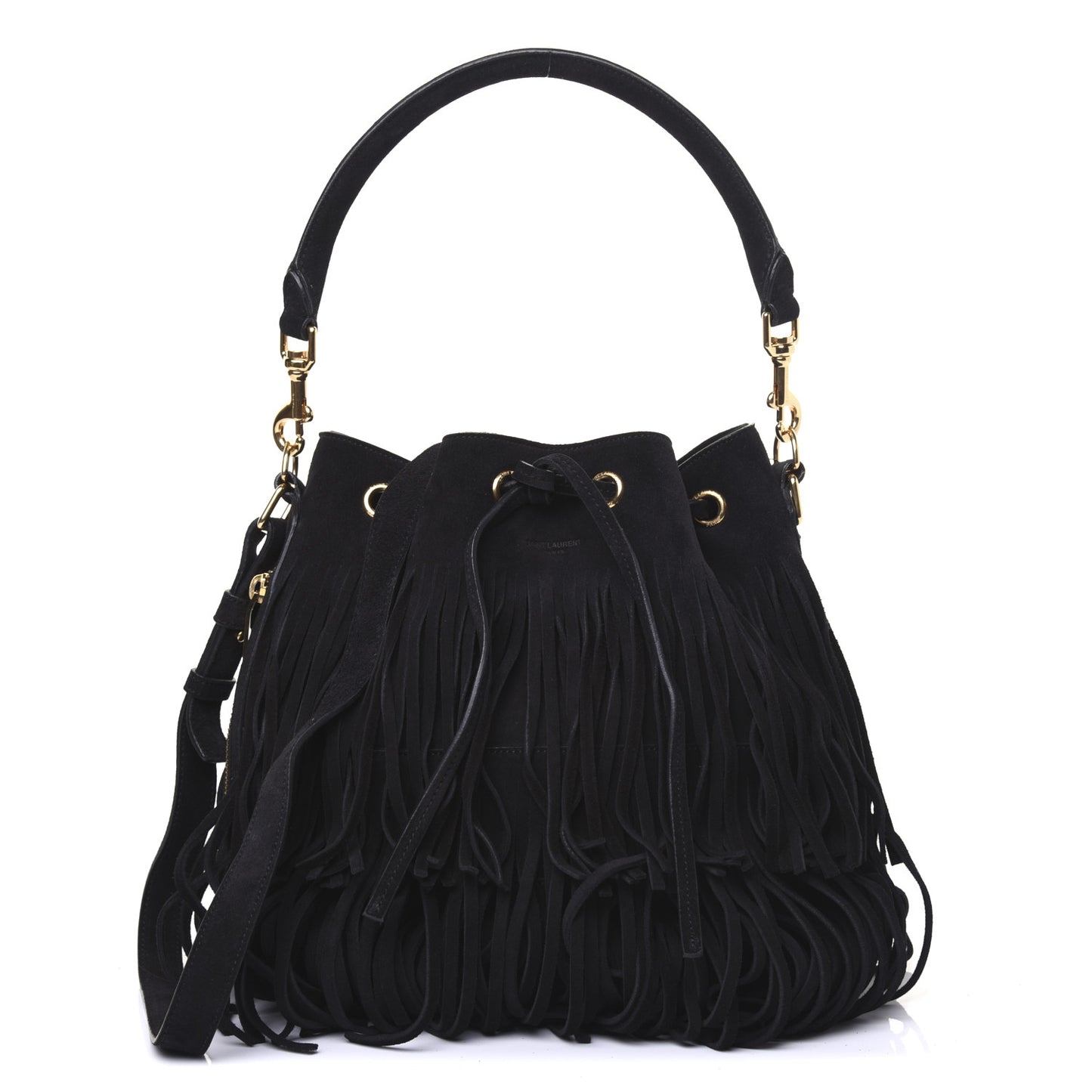 Suede Calfskin Medium Emmanuelle Fringe Bucket Bag Black