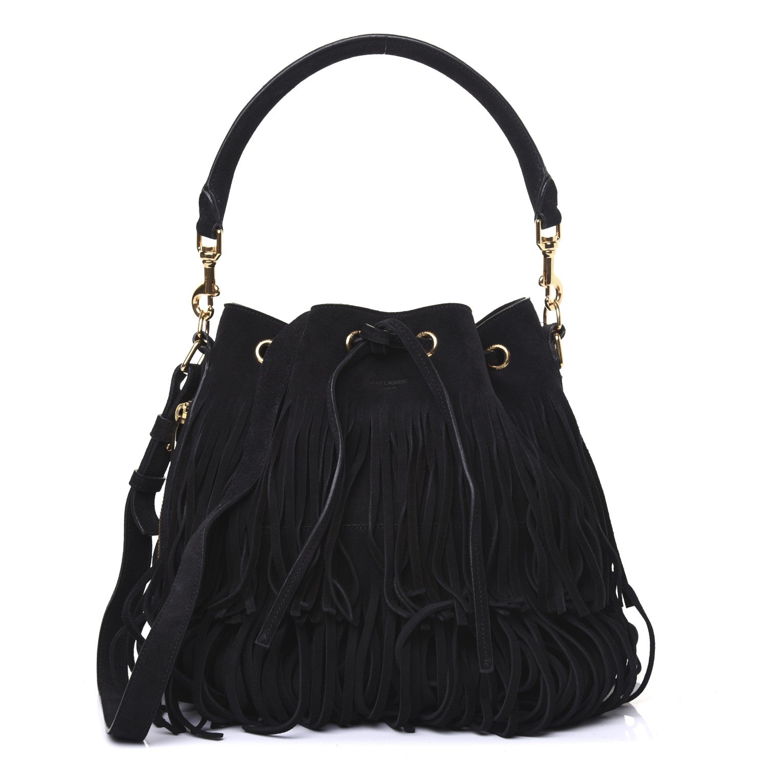 Saint Laurent Suede Calfskin Medium Emmanuelle Fringe Bucket Bag Black 1 of 14