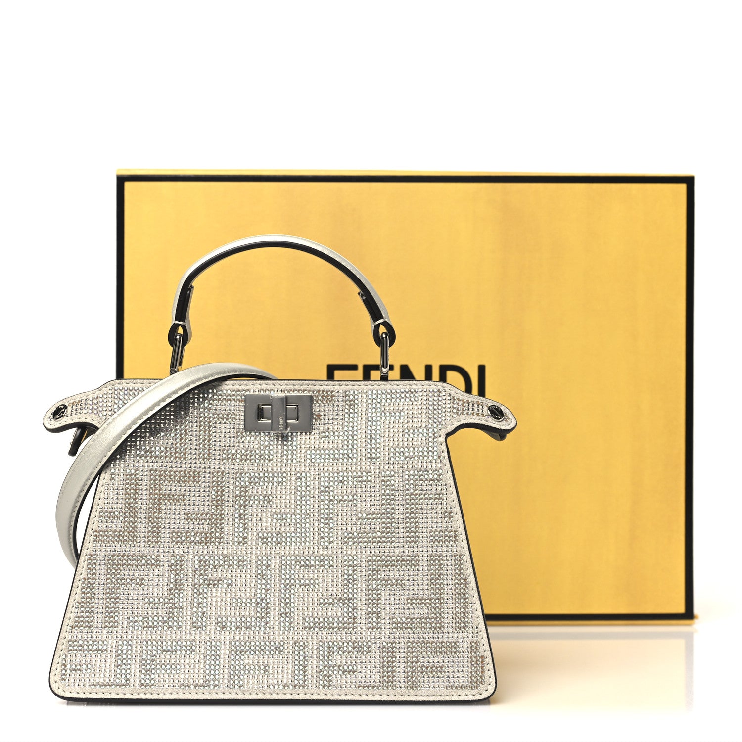 Fendi Iridescent Crystal Vitello Laminato Suede FF Petite Peekaboo I SEE U Satchel Cappuccino 11 of 11