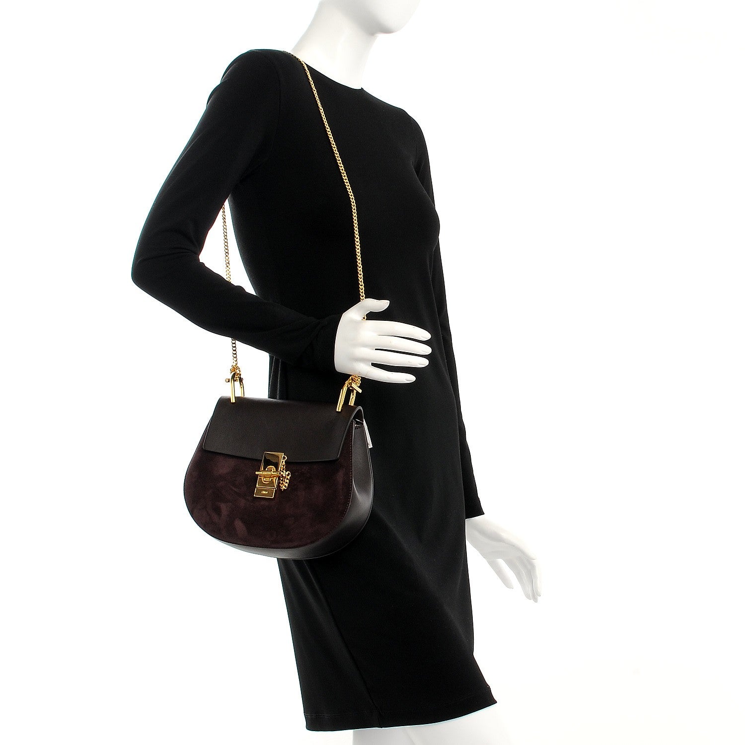 Chloe Suede Smooth Calfskin Drew Shoulder Bag Carbon Brown 2 of 12