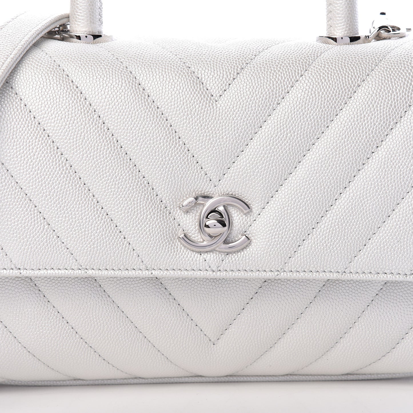 Iridescent Caviar Chevron Quilted Mini Coco Handle Flap White
