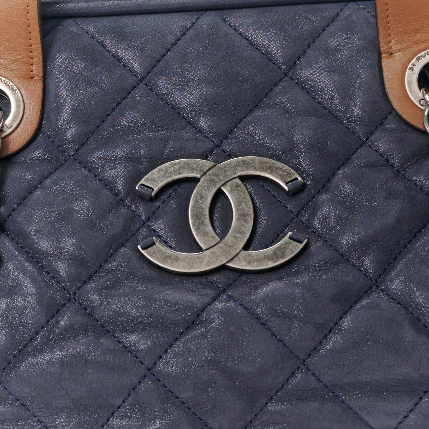 Iridescent Calfskin Quilted Large In The Mix Tote Navy