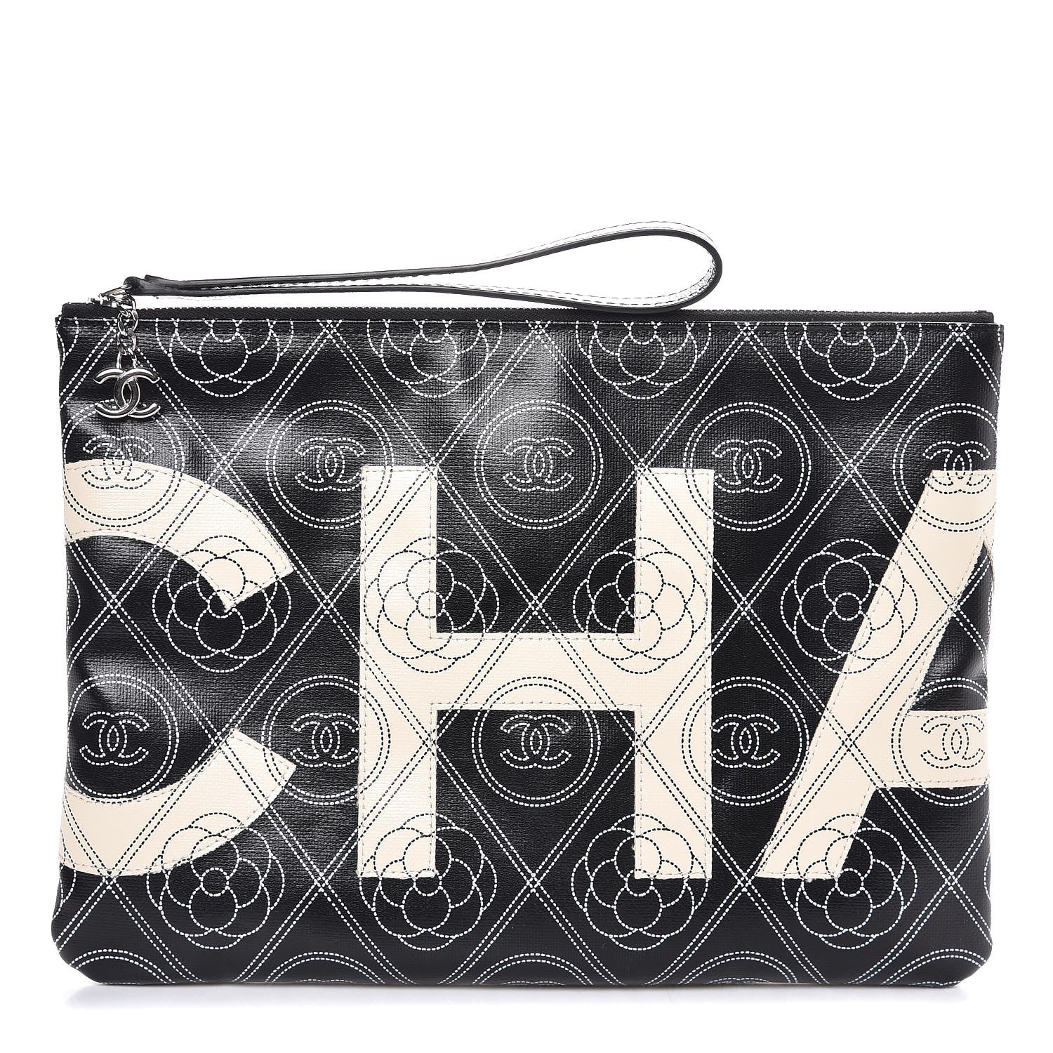 Chanel Coated Canvas Camellia Printed Pouch Black Beige 1 of 8