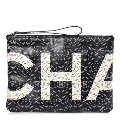 Chanel Coated Canvas Camellia Printed Pouch Black Beige 1 of 8