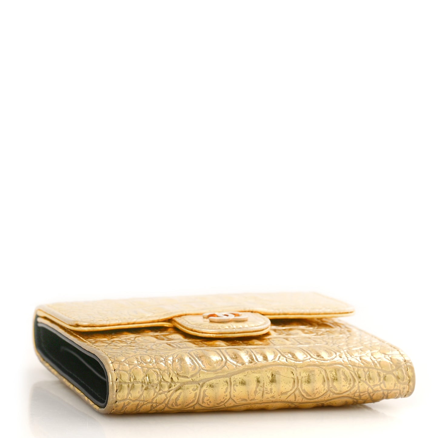 Metallic Calfskin Crocodile Embossed Cocodile Compact Flap Wallet Gold