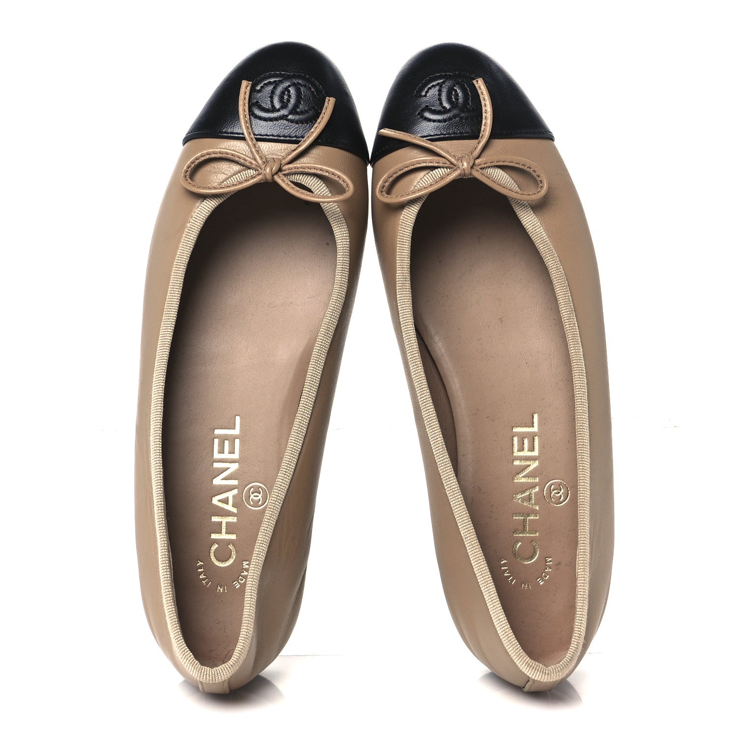 Chanel Lambskin Cap Toe CC Ballerina Flats 36 Beige Black 1760925