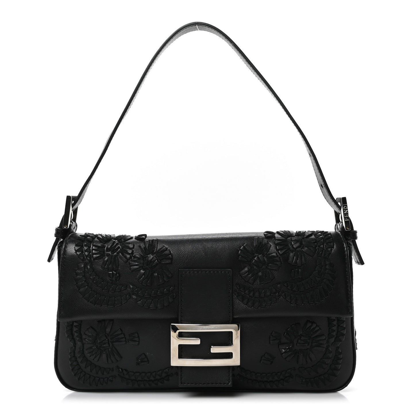 Nappa Floral Embroidered Baguette Black