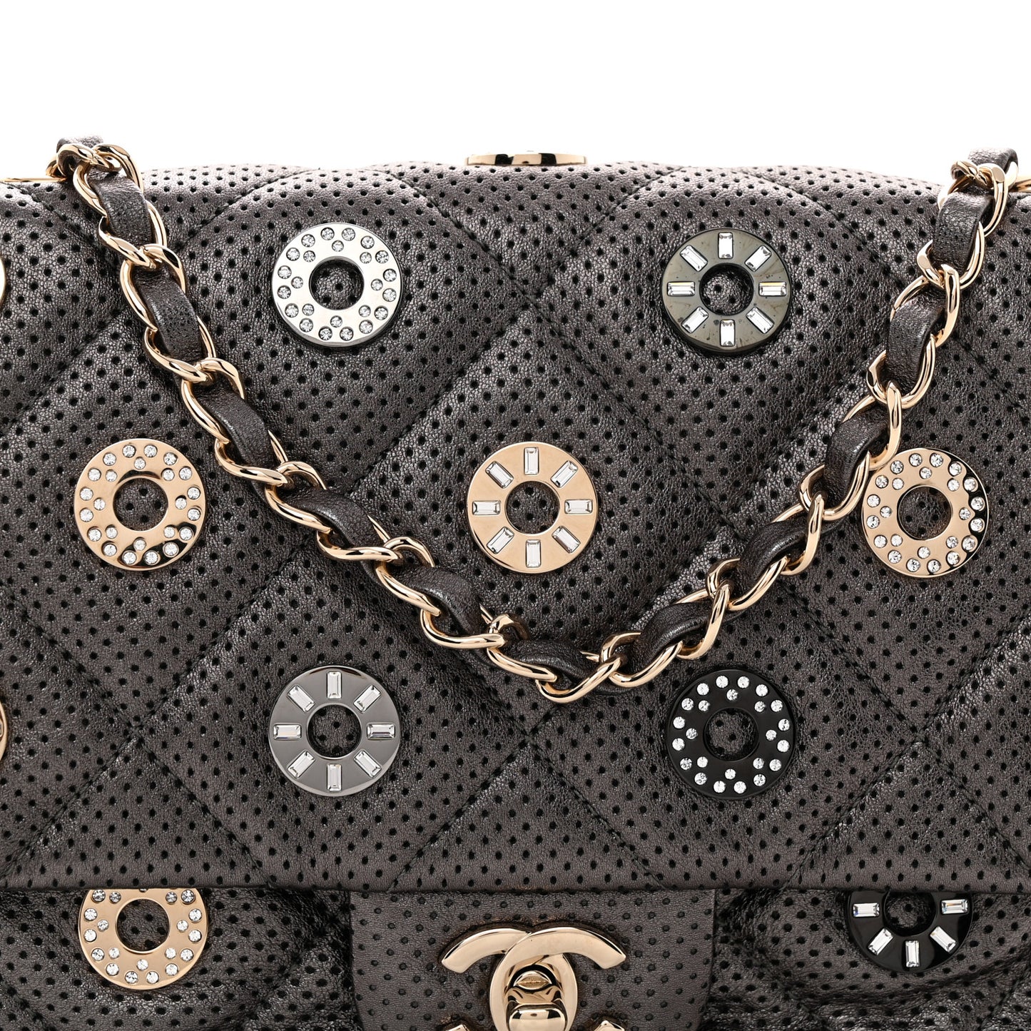 Perforated Metallic Lambskin Small CC Medals Flap Dark Silver
