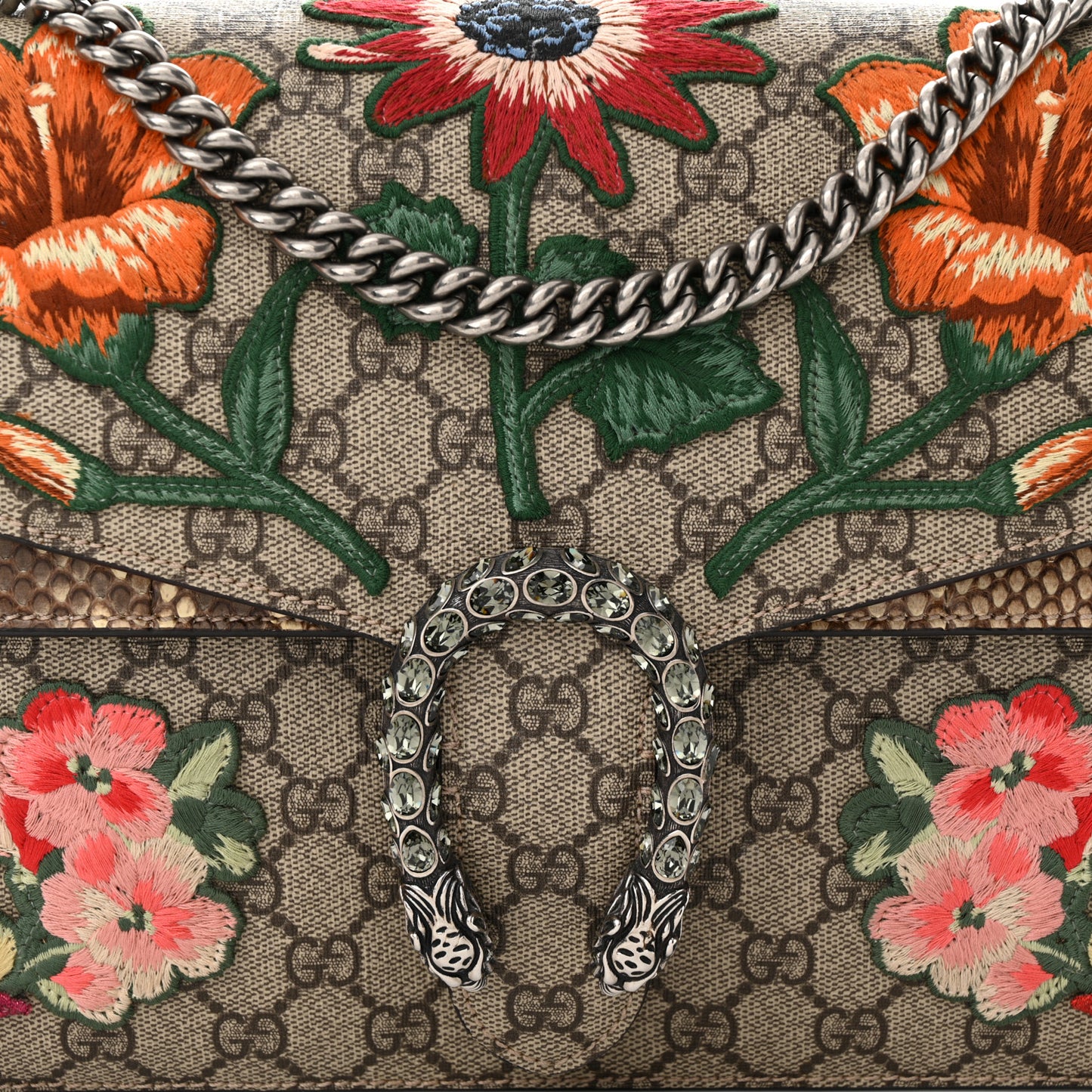 GG Supreme Monogram Snakeskin Flower Embroidered Medium Dionysus Shoulder Bag Beige Orange