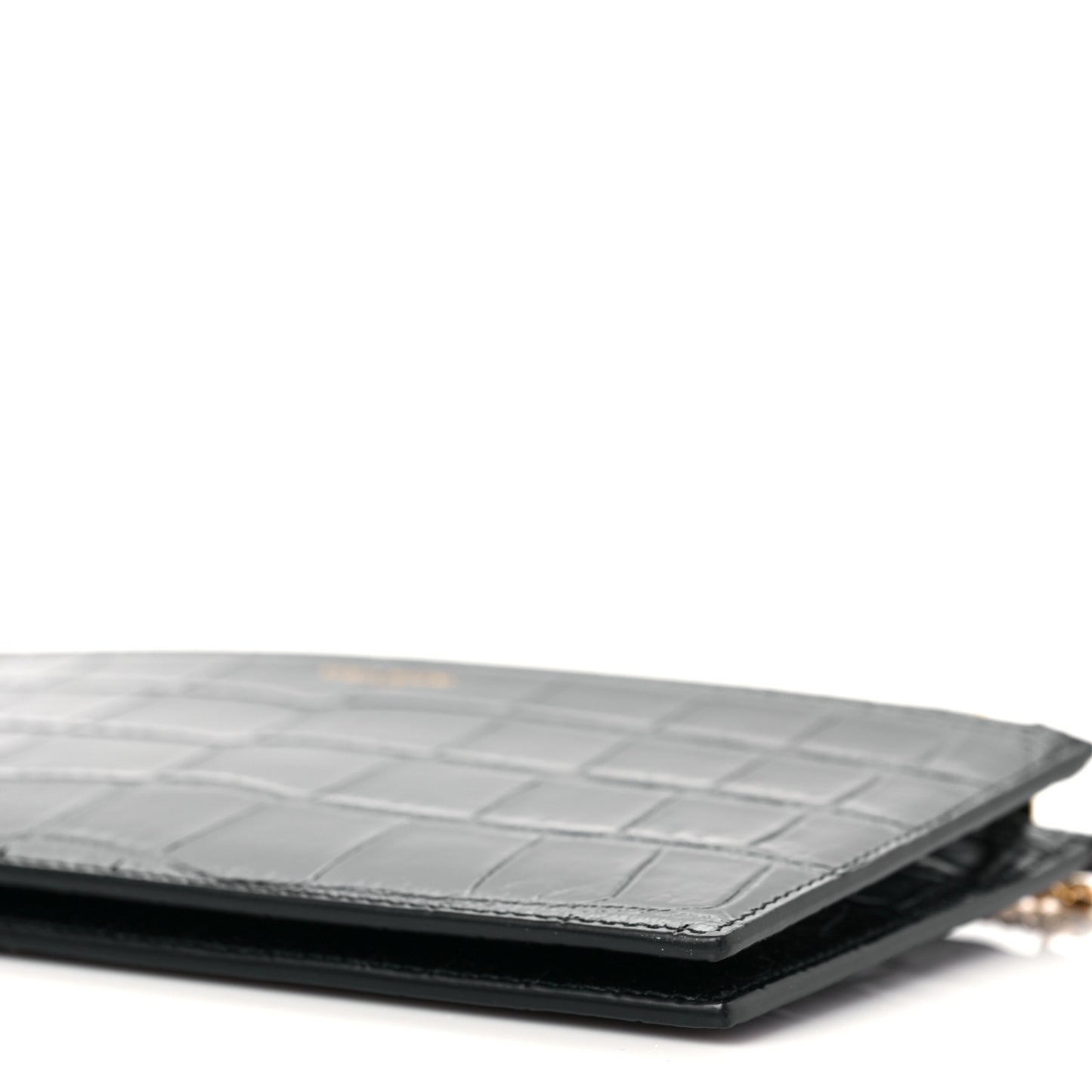 Calfskin Crocodile Embossed Double Pouch On Chain Black