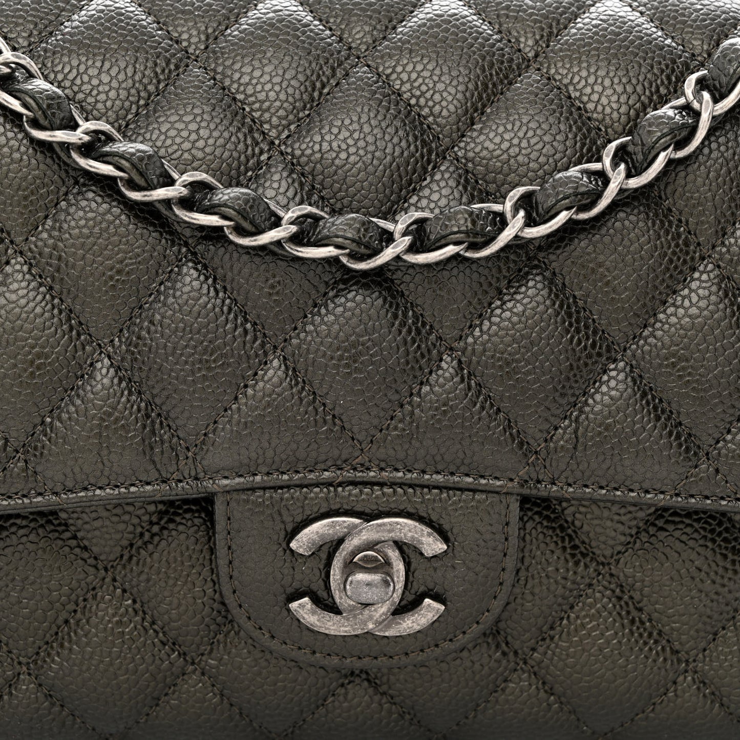 Metallic Caviar Quilted Medium Double Flap Dark Charcoal