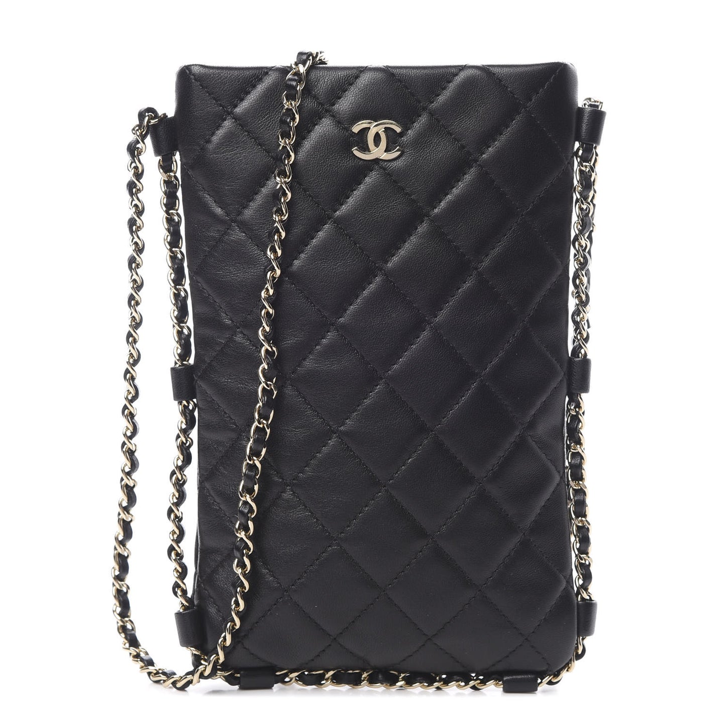 Lambskin Quilted Chain Around Phone Holder Black