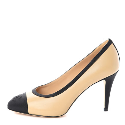 Chanel Lambskin Grosgrain Cap Toe CC Pumps 37 Beige Black 1 of 7