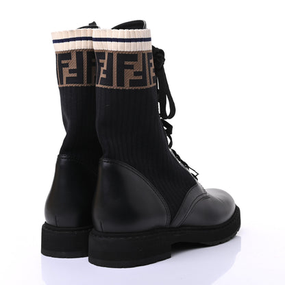 Fendi Calfskin Stretch Fabric Rockoko Biker Boots 38.5 Tobacco Black Marino 4 of 7