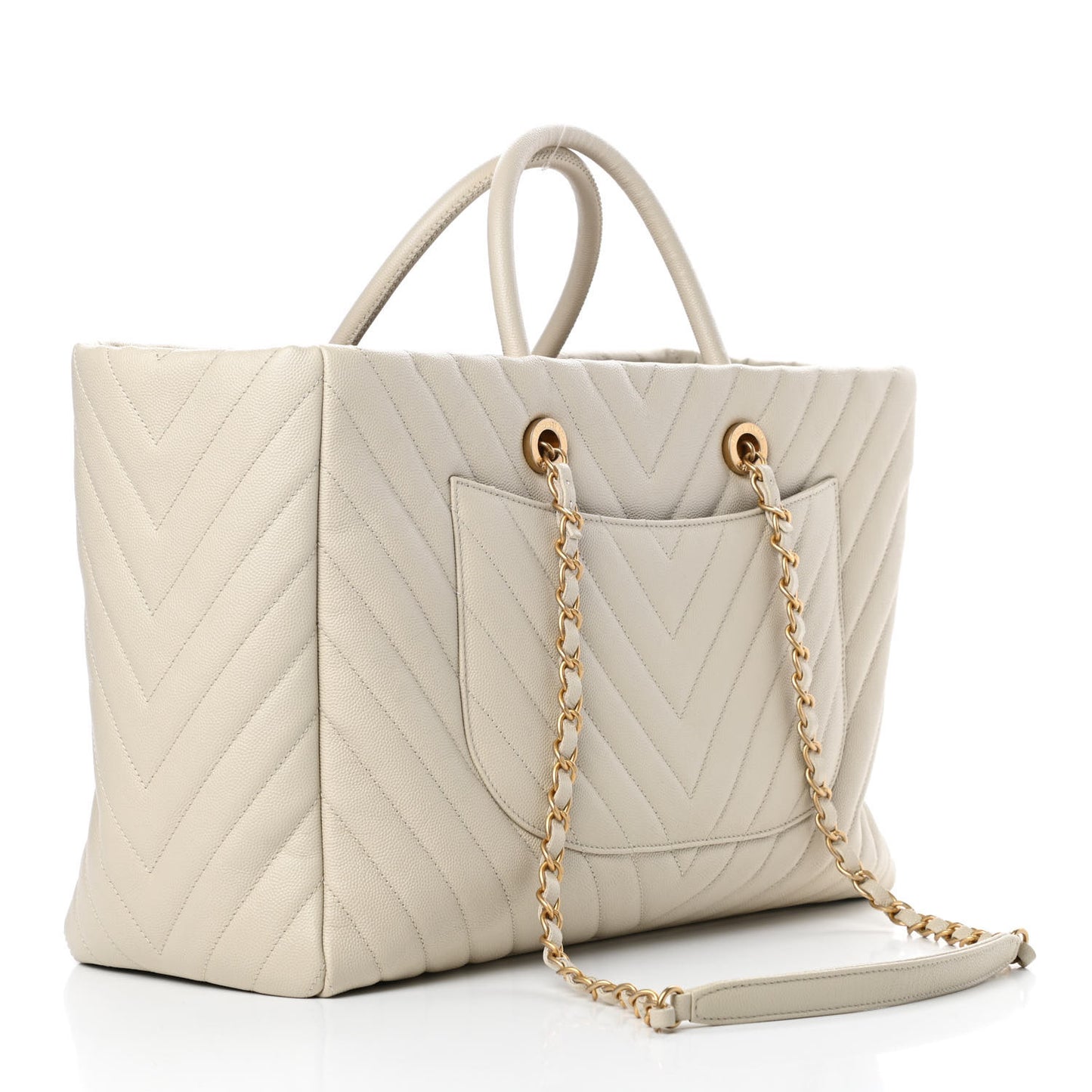 Caviar Chevron Quilted Coco Handle Shopping Tote Ivory