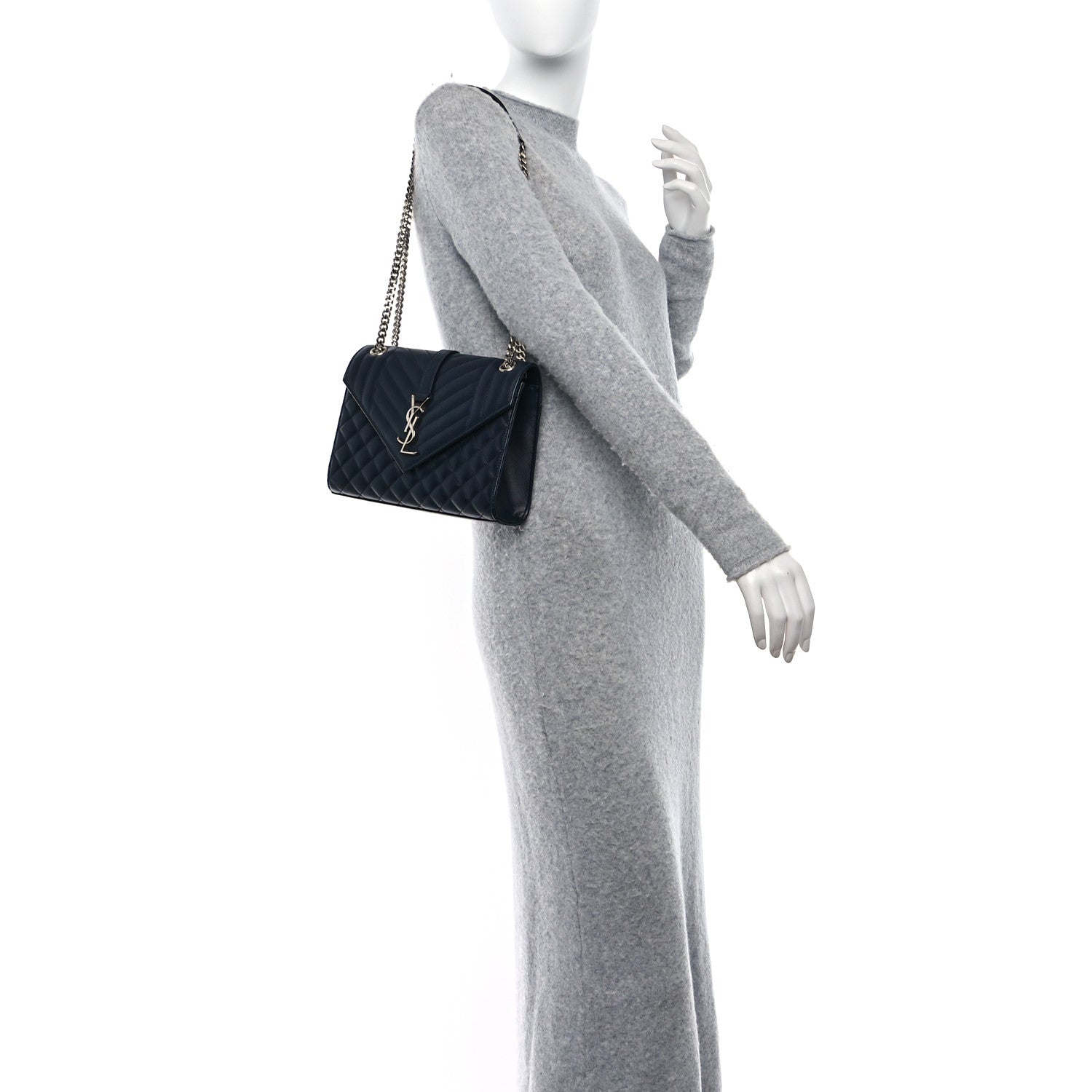 Saint Laurent Grain De Poudre Textured Mixed Matelasse Triquilt Medium Monogram Satchel Deep Marine 2 of 9