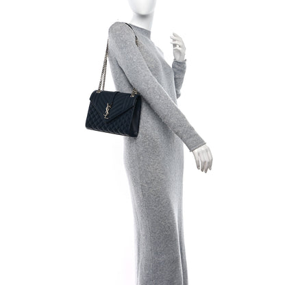 Saint Laurent Grain De Poudre Textured Mixed Matelasse Triquilt Medium Monogram Satchel Deep Marine 2 of 9
